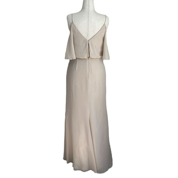 After Six Lux Shim V Neck Cold Shoulder Flounce Dress Bridesmaid in Gold Sz.10L - Picture 2 of 11